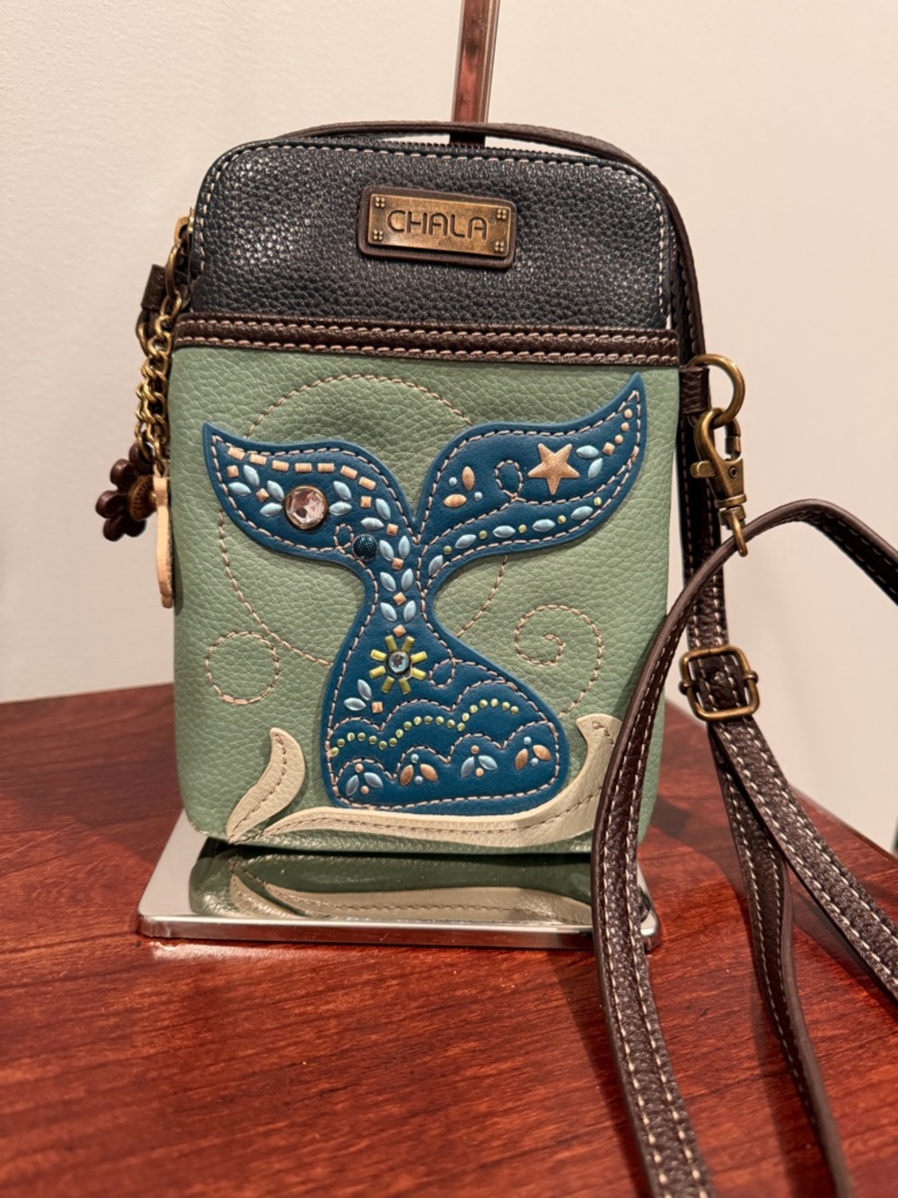 Chala Green Crossbody Bag with Blue Whale Tail Accent